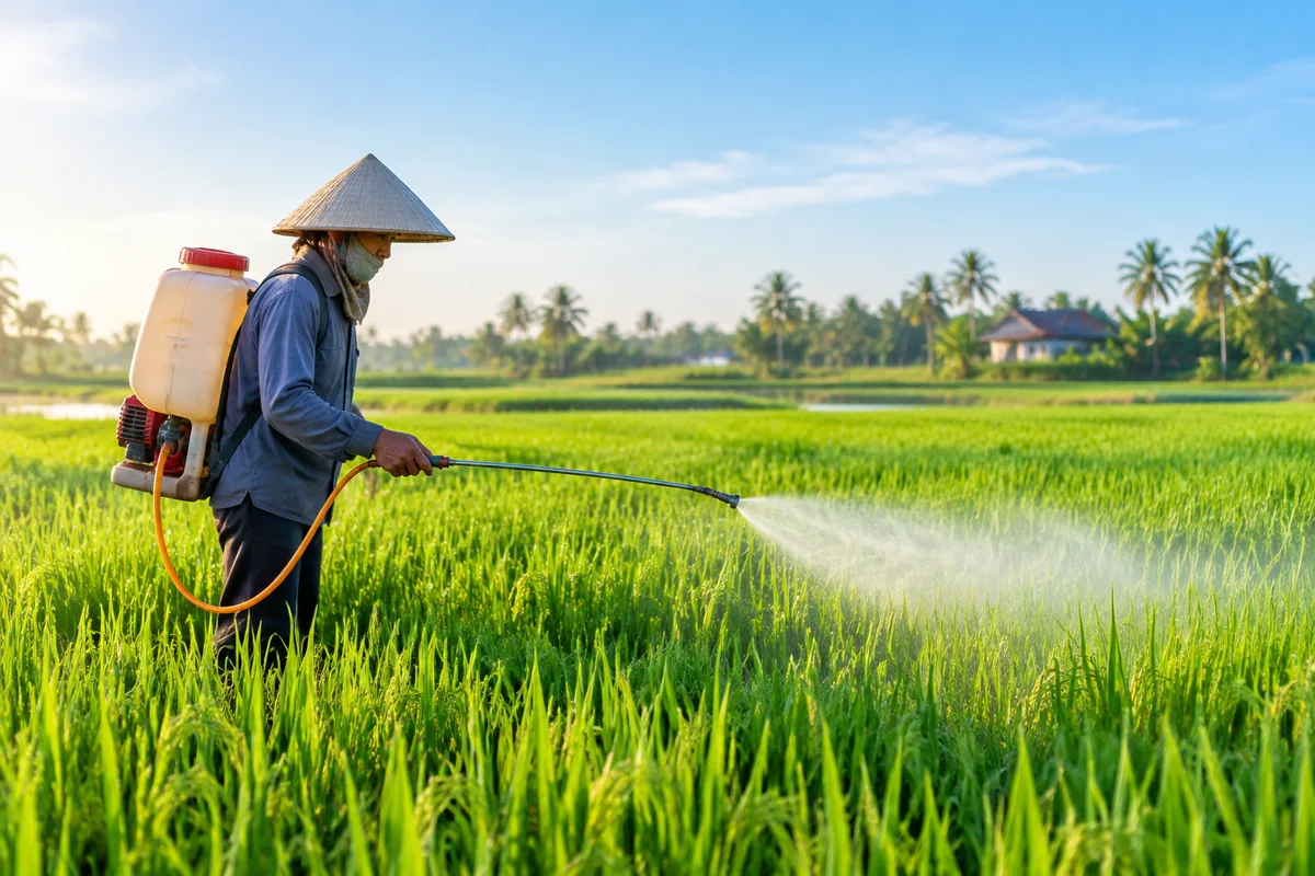 Nông dân phun thuốc đúng kỹ thuật trên ruộng lúa
